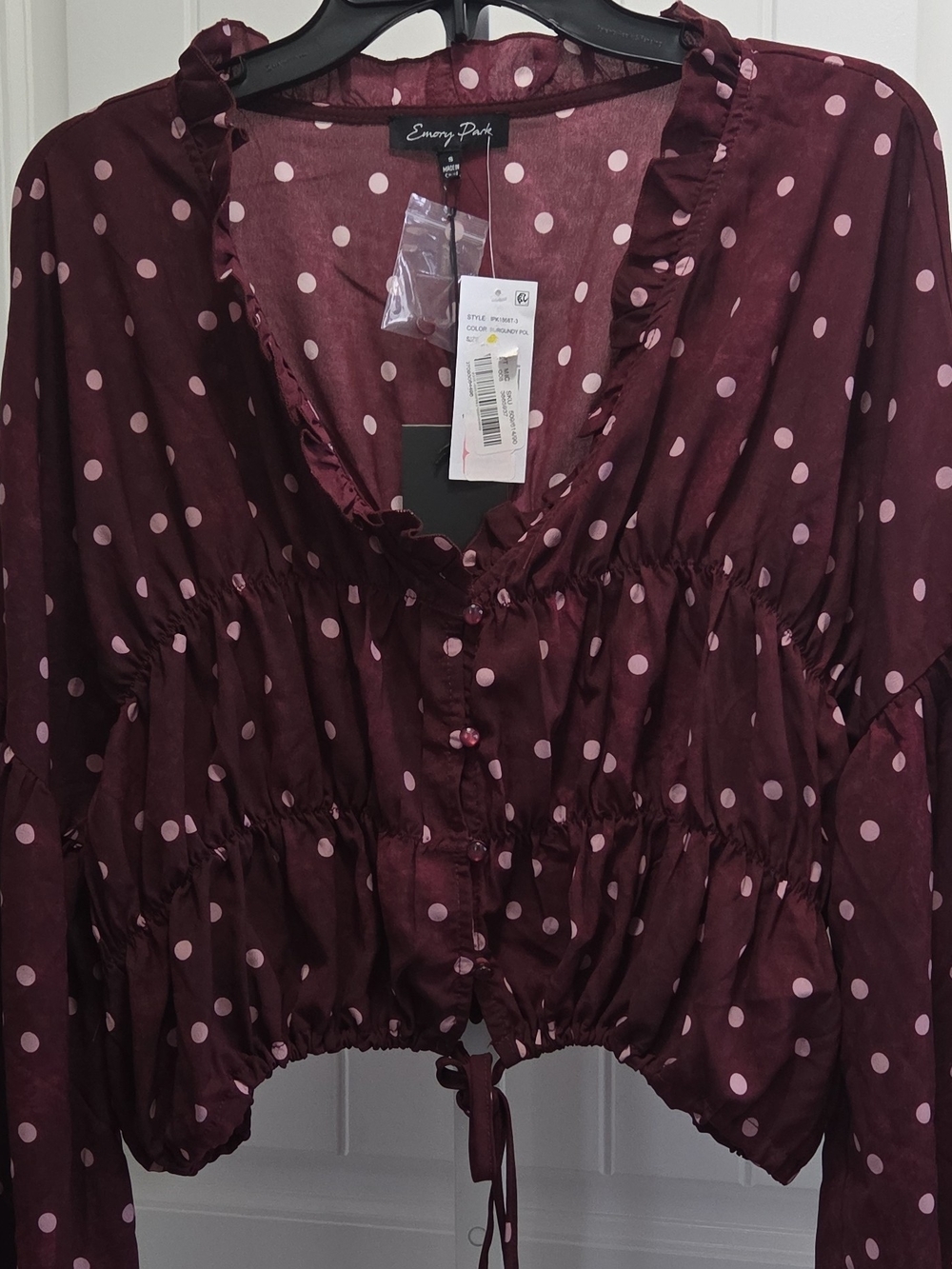 emory park Burgundy Blouse with Pink Polka Dots and Ruffle Neck